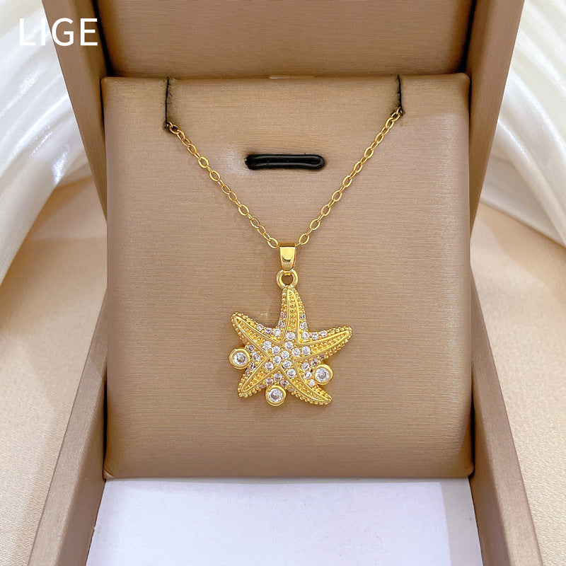 Cartoon Style Starfish-Shaped Titanium Steel Necklace with Rhinestone Inlay for Women and Men, Delicate Clavicle Chain