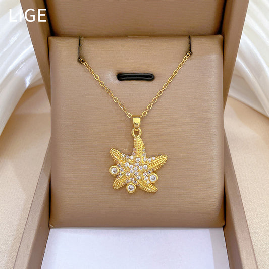 Cartoon Style Starfish-Shaped Titanium Steel Necklace with Rhinestone Inlay for Women and Men, Delicate Clavicle Chain