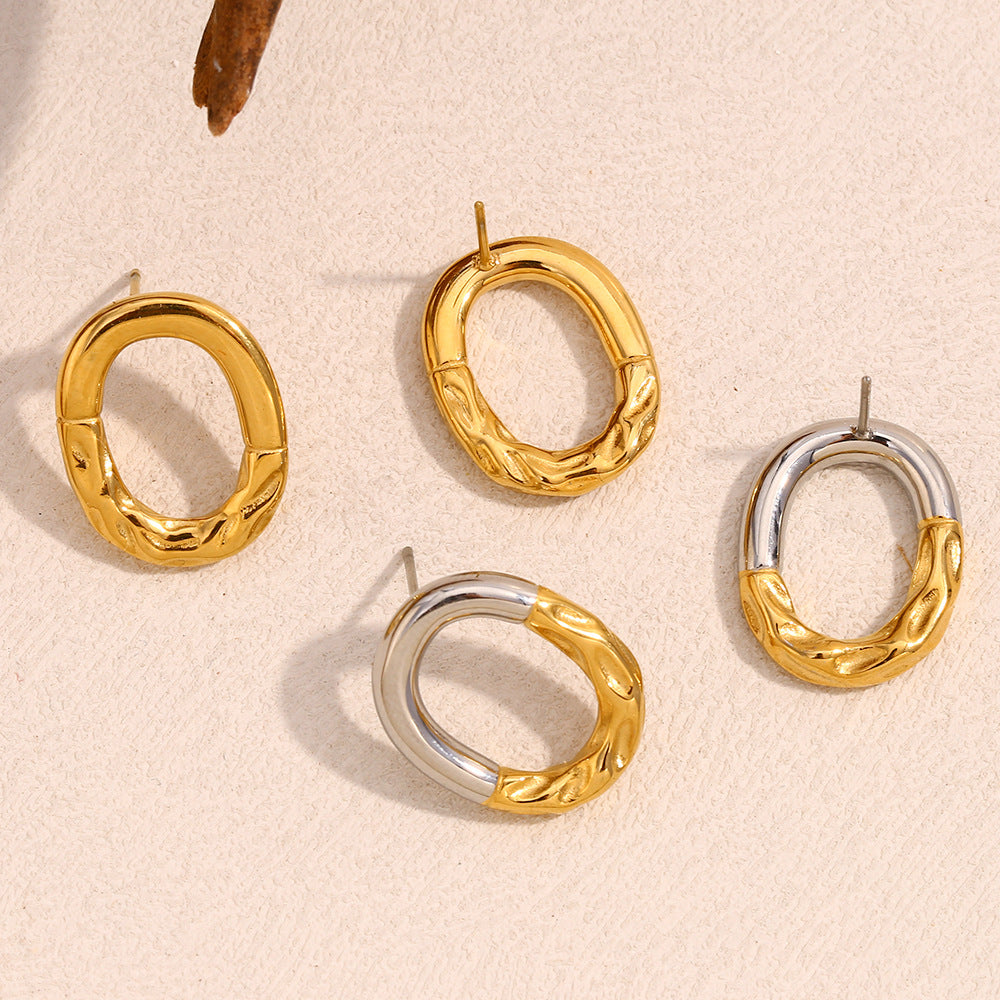 Minimalist Modern Geometric Stainless Steel Ear Studs with 18K Gold Plating Irregular Oval Design