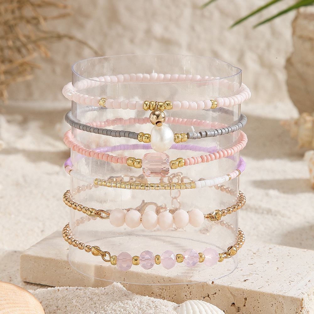 Sweet Geometric Round Crystal Glass Imitation Pearl Bracelet Set for Women