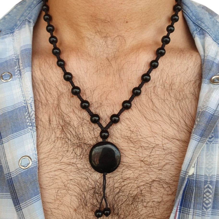 Vintage Gothic Geometric Black Agate Tassel Necklace Handmade Cable Chain Unisex