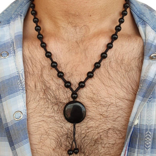 Vintage Gothic Geometric Black Agate Tassel Necklace Handmade Cable Chain Unisex