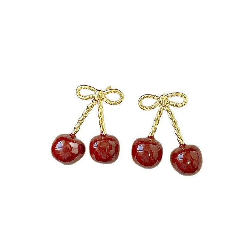 Cherry Bowknot Resin Stud Earrings with Steel Posts for Women, Minimalist Vintage Fashion Style