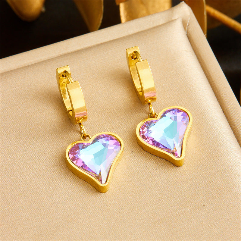 Fashion Office Chic Plated Stainless Steel Heart Pendant Necklace and Earrings Set with Rhinestone Accents