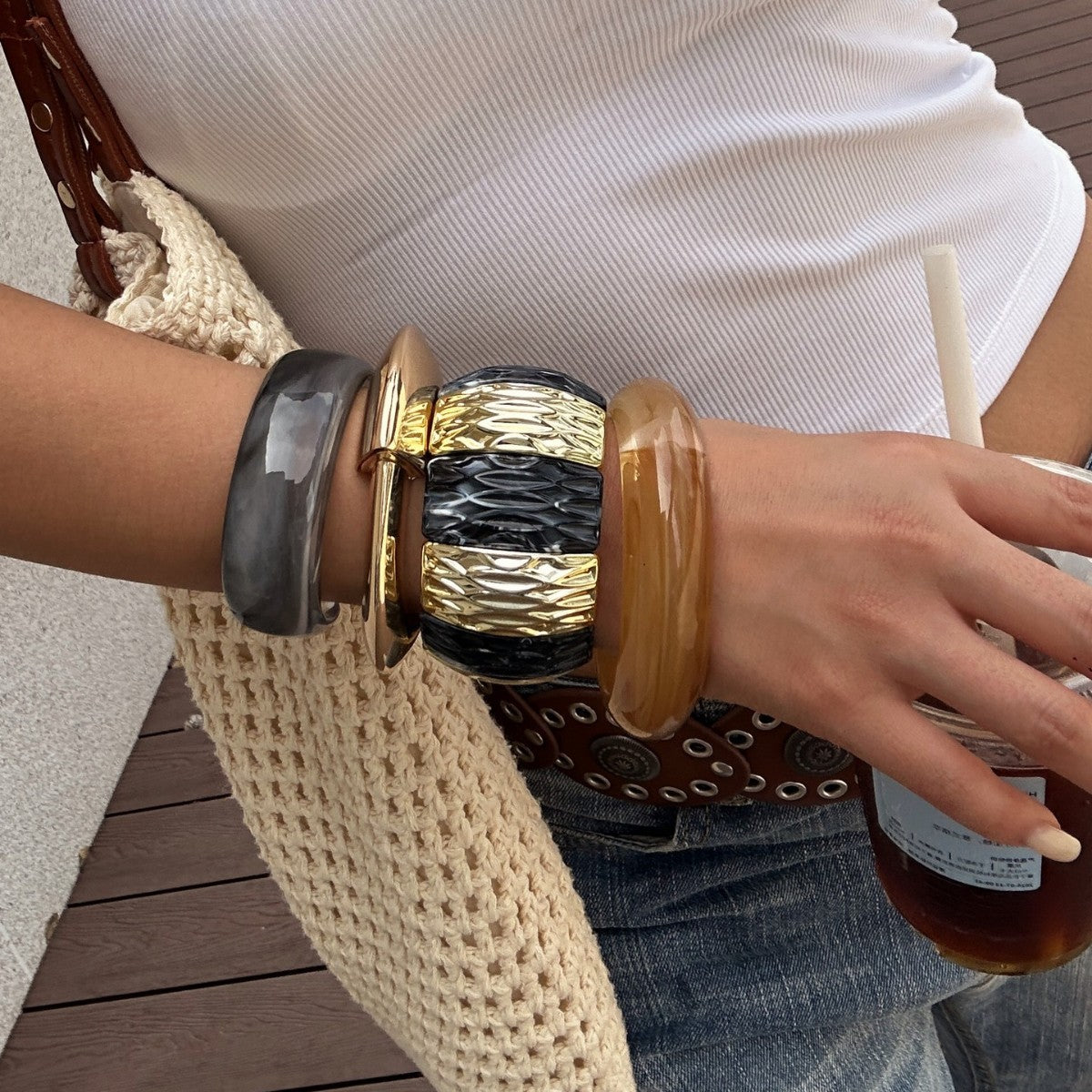 Vintage Geometric Acrylic Drip Oil Wide Cuff Bracelet for Women