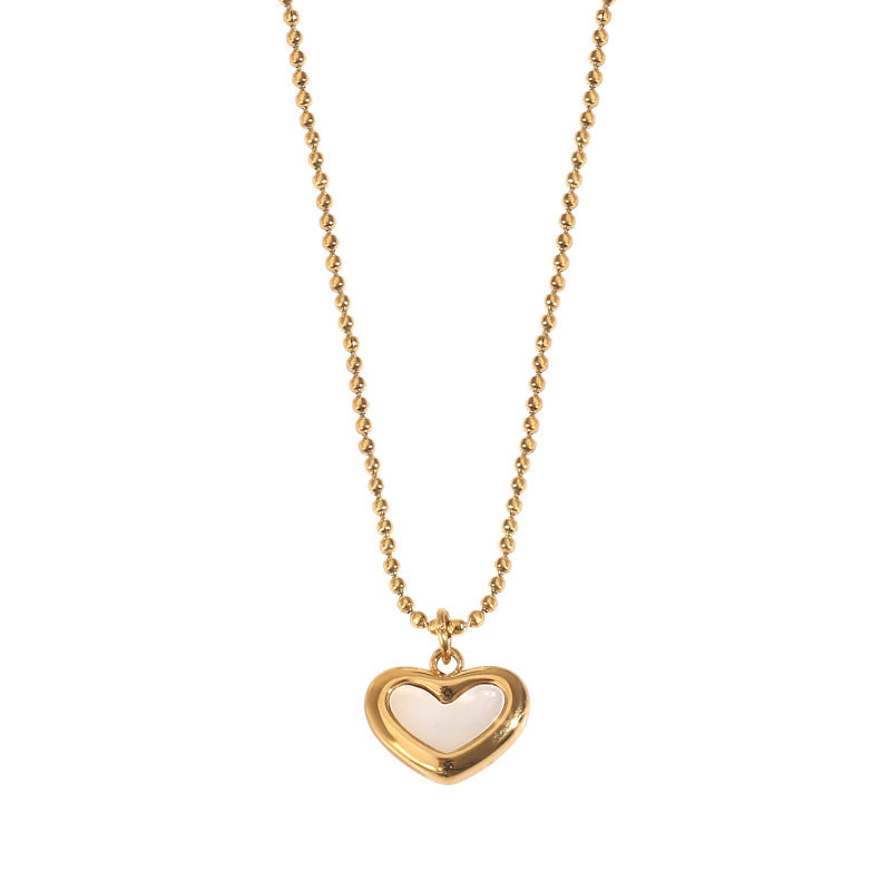 Vintage French Style Heart-Shaped Mother-of-Pearl Pendant Necklace Set in Titanium Steel with Plated Finish