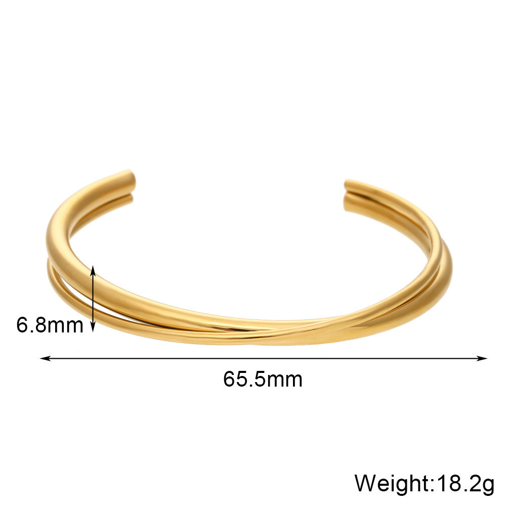 Minimalist Fashion Bracelet for Women Stainless Steel Double-Layer Cross-Over Cuff with 18K Gold Plating