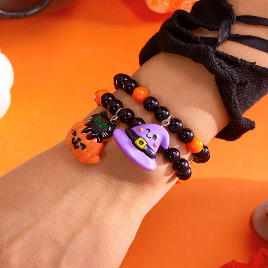 Set bracciale e cappello di zucca di Halloween con design di perline elastiche per donna, bracciale in plastica a forma geometrica con finitura fatta a mano
