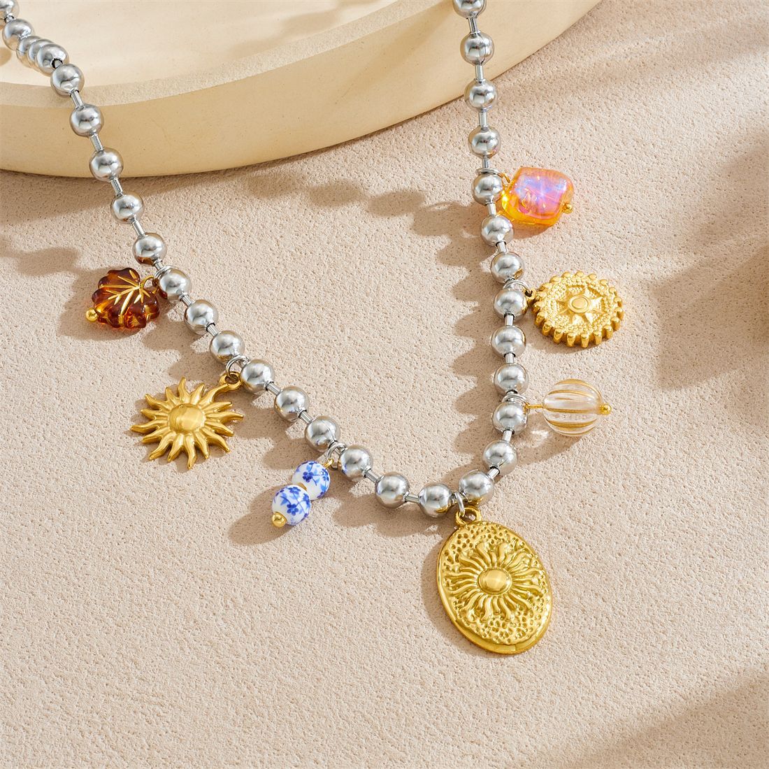 Minimalist Casual Oval Geometric Sun Flower Embossed Stainless Steel Pendant Ball Chain Necklace for Women