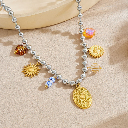 Minimalist Casual Oval Geometric Sun Flower Embossed Stainless Steel Pendant Ball Chain Necklace for Women
