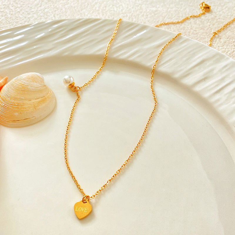 Minimalist Luxury Gold Plated Titanium Steel Heart Pearl Necklace for Unisex