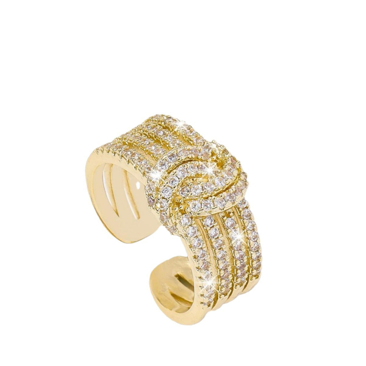 Anello aperto regolabile alla moda da donna con intarsio in zirconi cubici a forma di U geometrica su fascia in rame