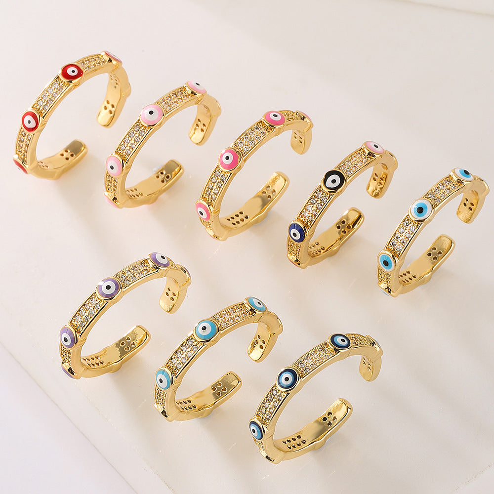 Anello Minimalista Geometrico Occhio di Allah da Donna in Rame Placcato Oro con Intarsio di Zirconi