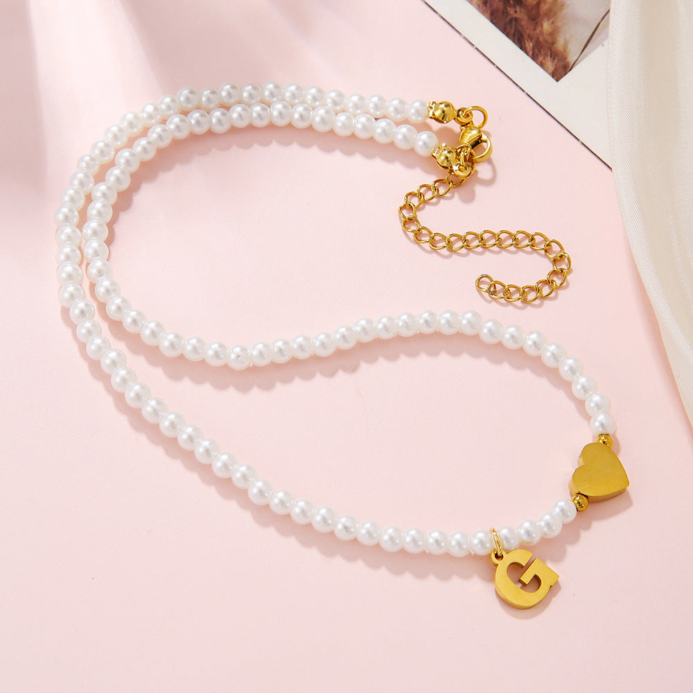 Minimalist Letter Heart Stainless Steel Pearl Necklace Women Cable Chain