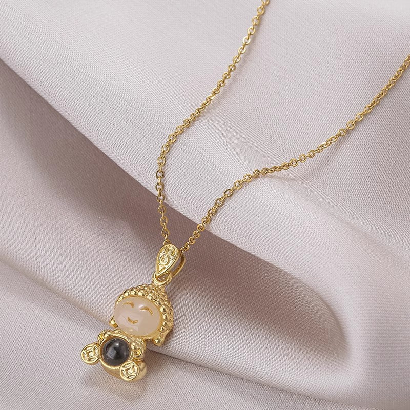 Collana con ciondolo floreale irregolare dal design originale per donna, in acciaio al titanio placcato oro vero, a doppio strato, leggera, catena per maglione
