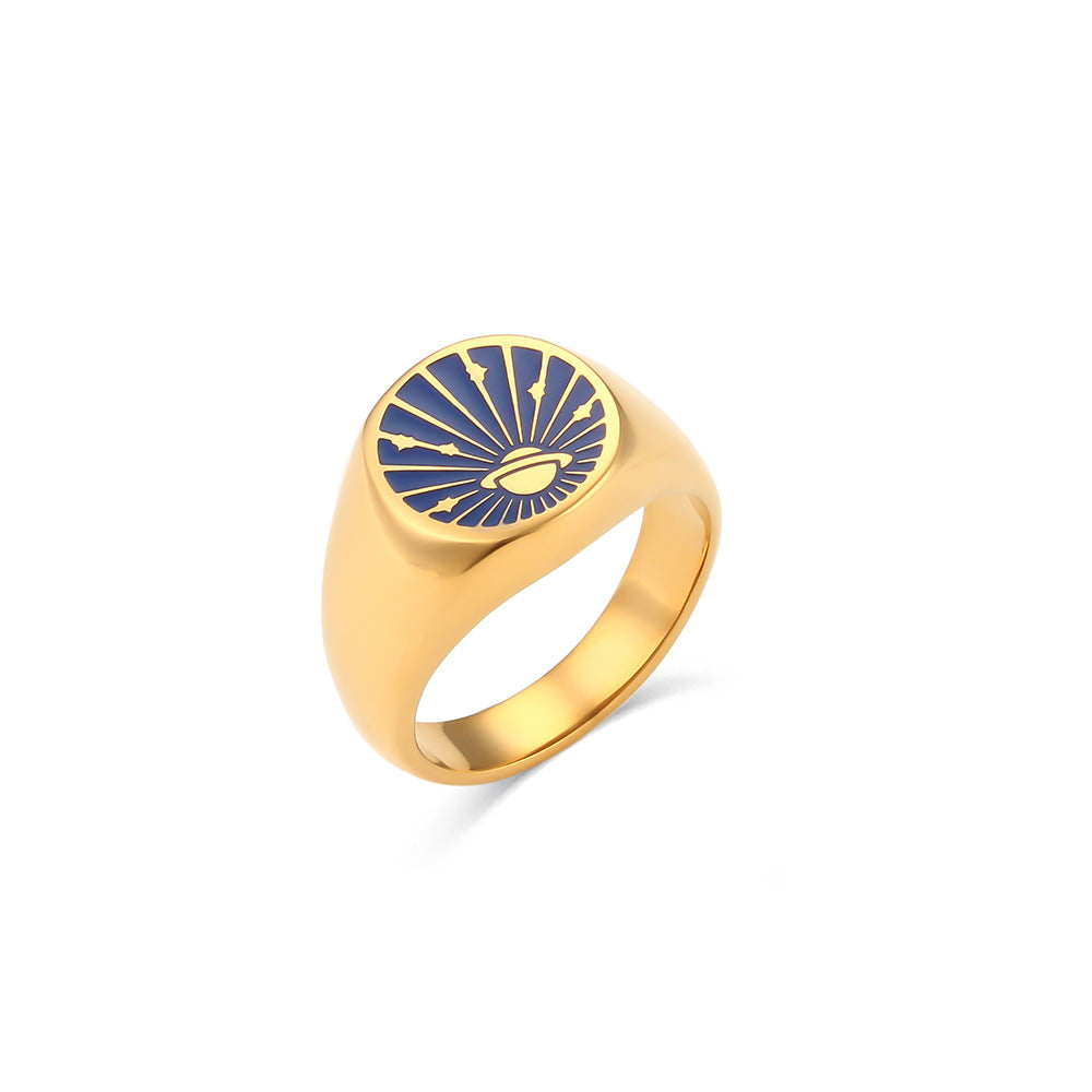 Anillo de mujer de esmalte con diseño de universo y planeta, chapado en oro de 18 quilates, de acero inoxidable geométrico, de inspiración vintage