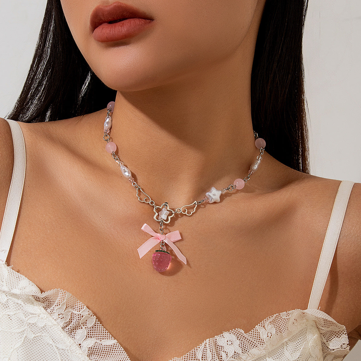 Pastel Floral Strawberry Pendant Necklace with Star and Wing Motifs in Alloy with Pearlized Finish for Women