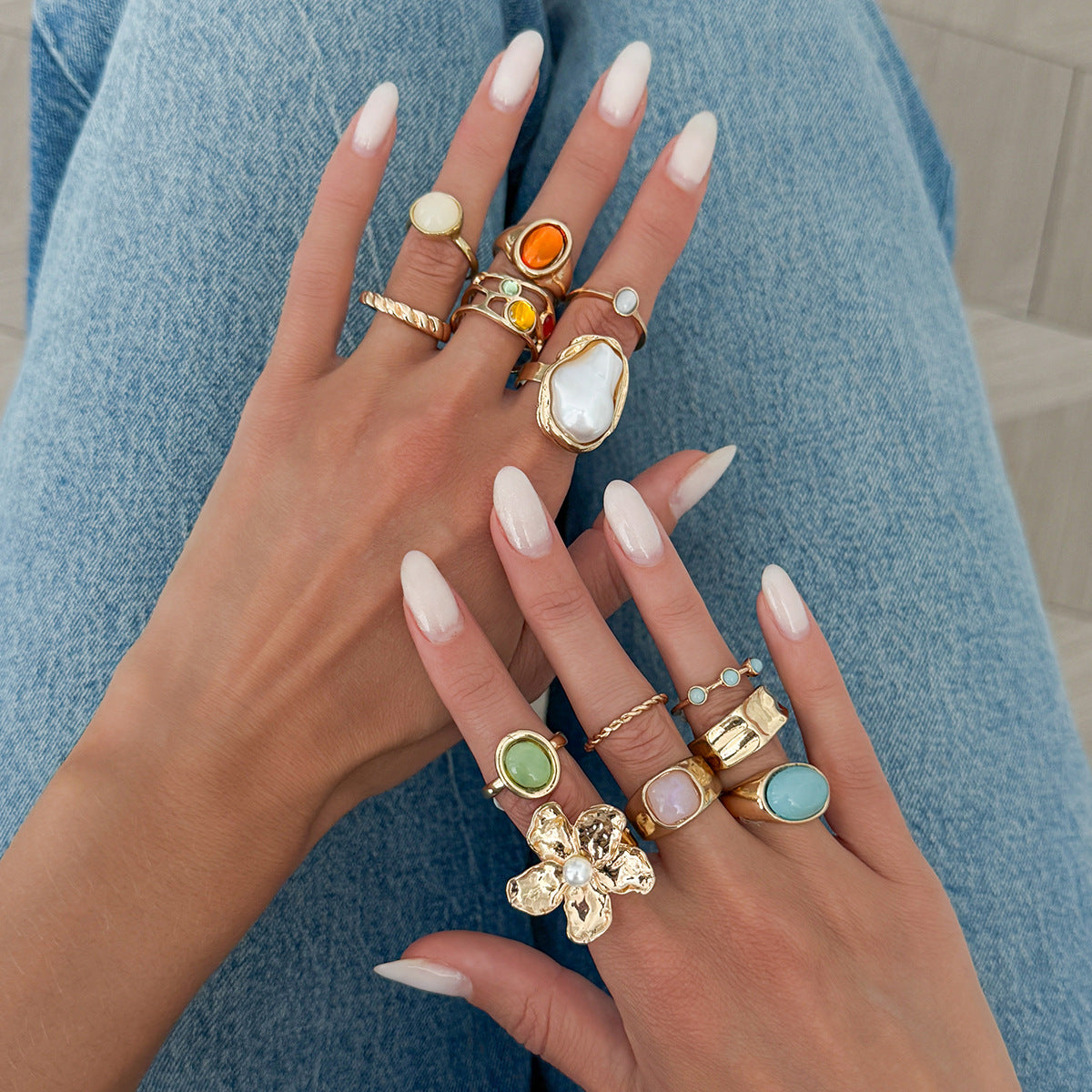 Sweet Geometric Floral Resin Ring with Faux Pearl Inlay Plated Finish for Women