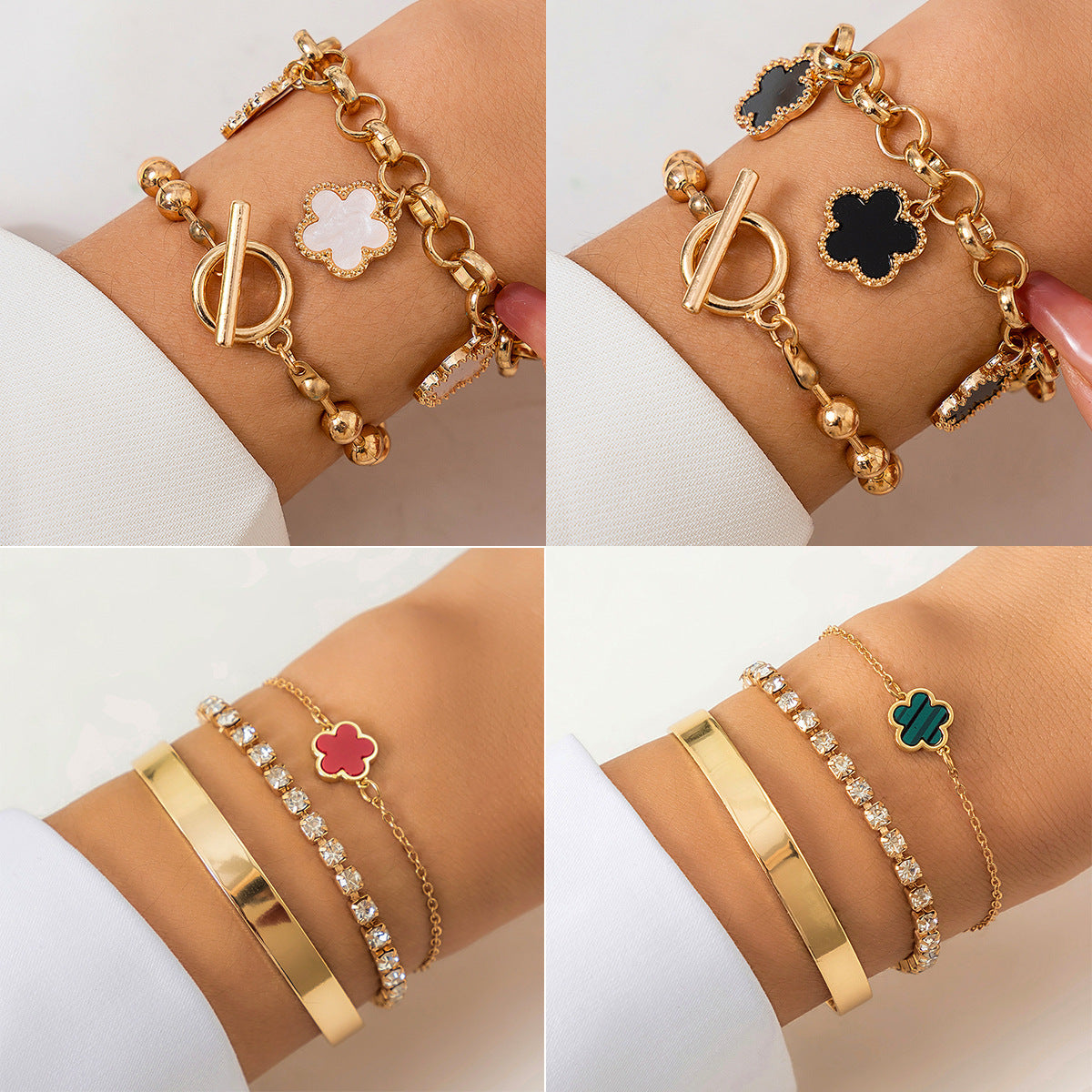 Bracciale vintage a trifoglio con strass da donna con catena in lega dal design geometrico e finitura galvanizzata