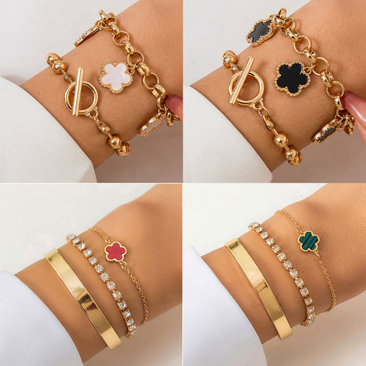 Pulsera de trébol con diamantes de imitación vintage para mujer con cadena de aleación de diseño geométrico y acabado galvanizado