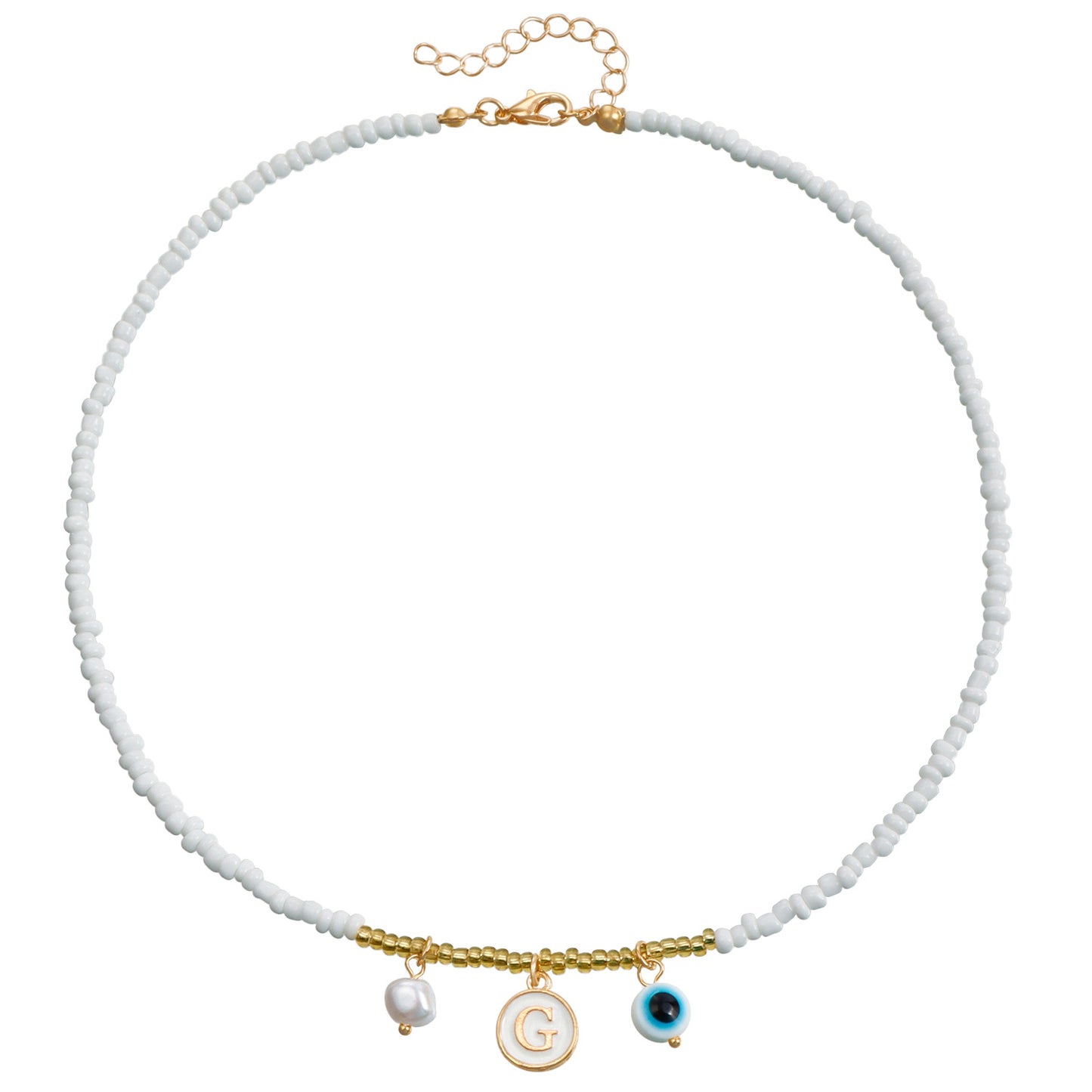 Bohemian White Beaded Necklace with Alloy Letter Eye Pendant on Clavicle Chain