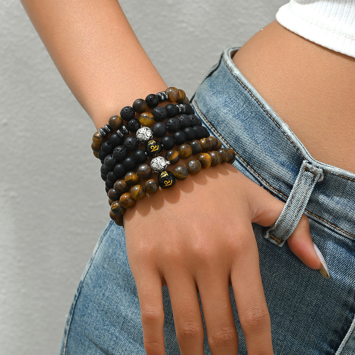 Vintage Style Geometric Beaded Bracelet for Women Made of Natural Stone with Braided Construction