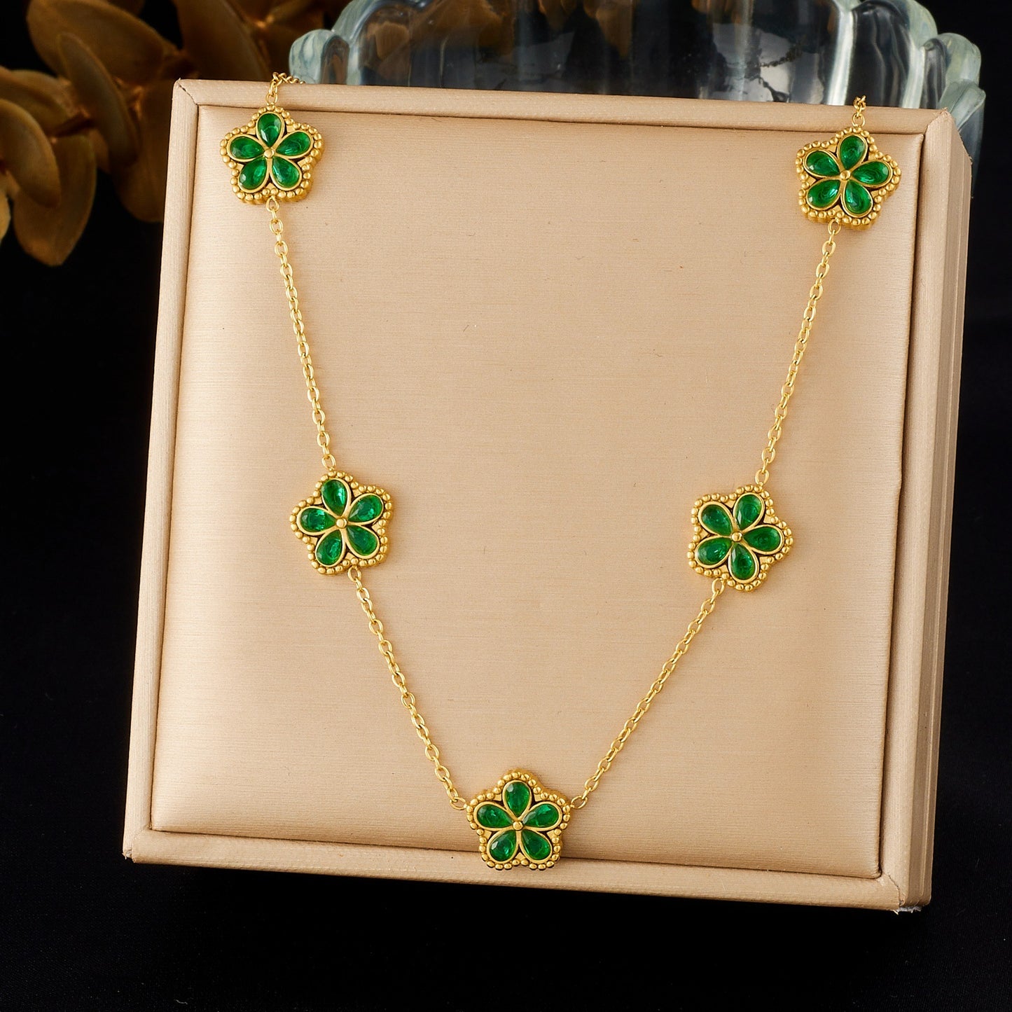 Vintage Elegant Gold Plated Stainless Steel Flower Rhinestone Jewelry Set for Women