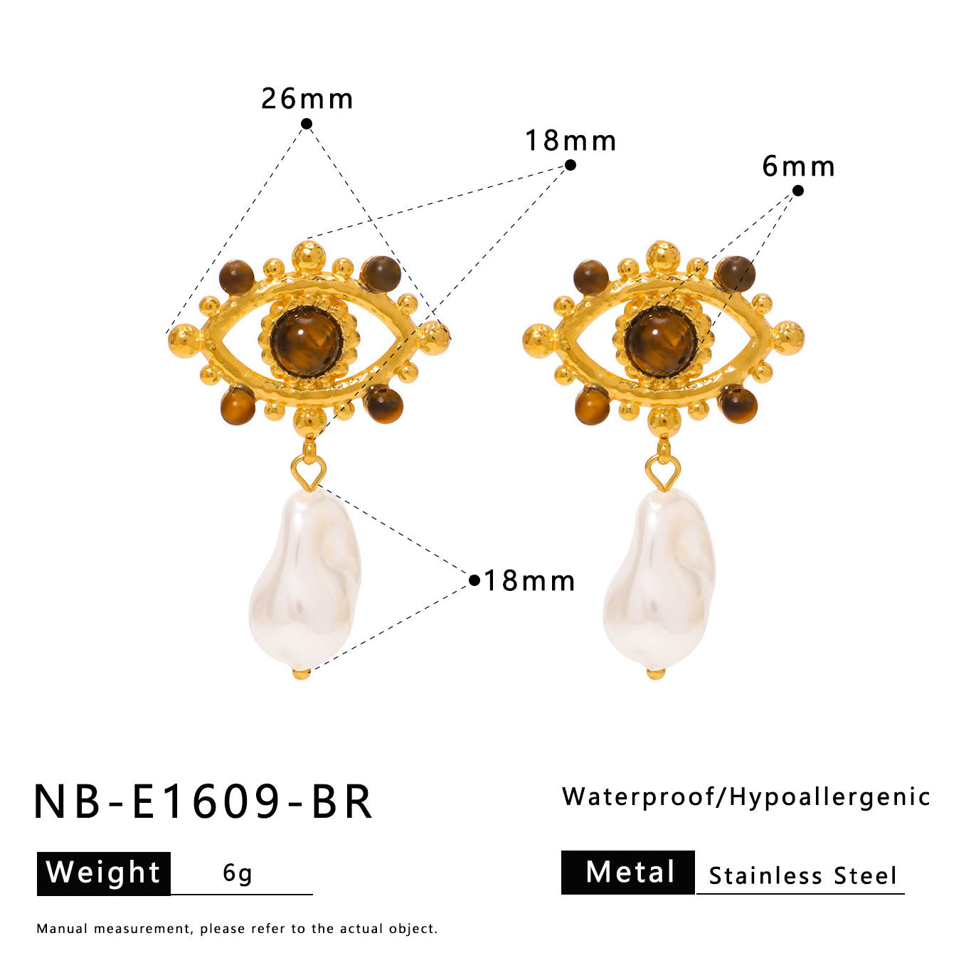 Minimalist Geometric Eye-Shaped Stainless Steel Earrings with Pearl Accents and 18K Gold Plating