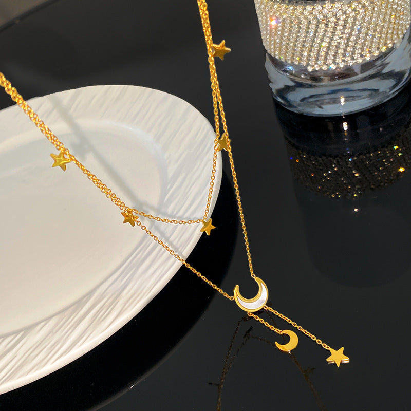 Elegant Minimalist Star Moon Titanium Steel Plated Layered Tassel Necklace for Women