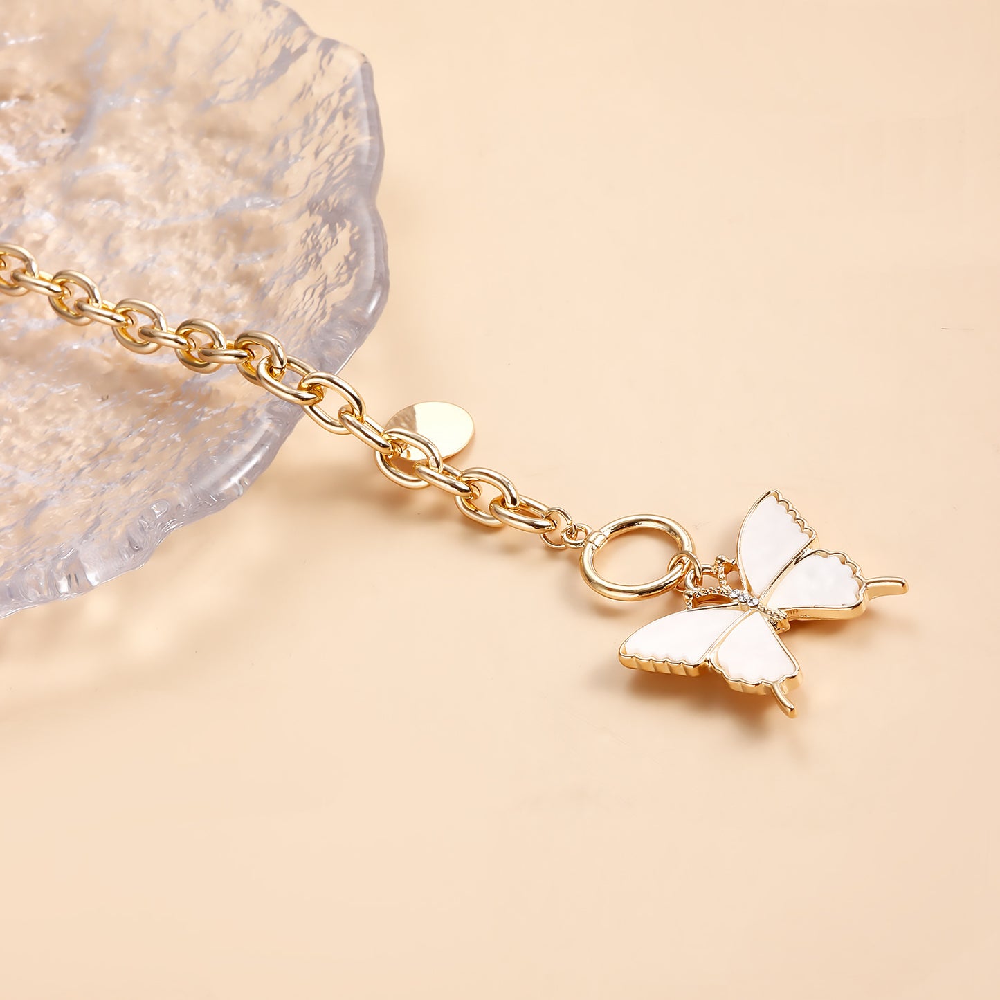 Minimalist White Butterfly Alloy Pendant Necklace with Electroplated Metal Curb Chain for Women