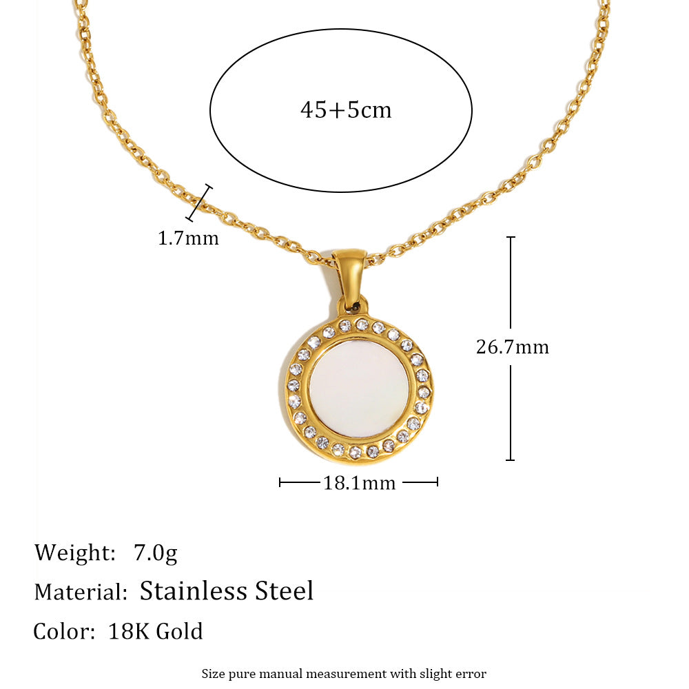 Elegant Geometric Stainless Steel 18K Gold Plated Shell Pendant Necklace with Rhinestones for Women