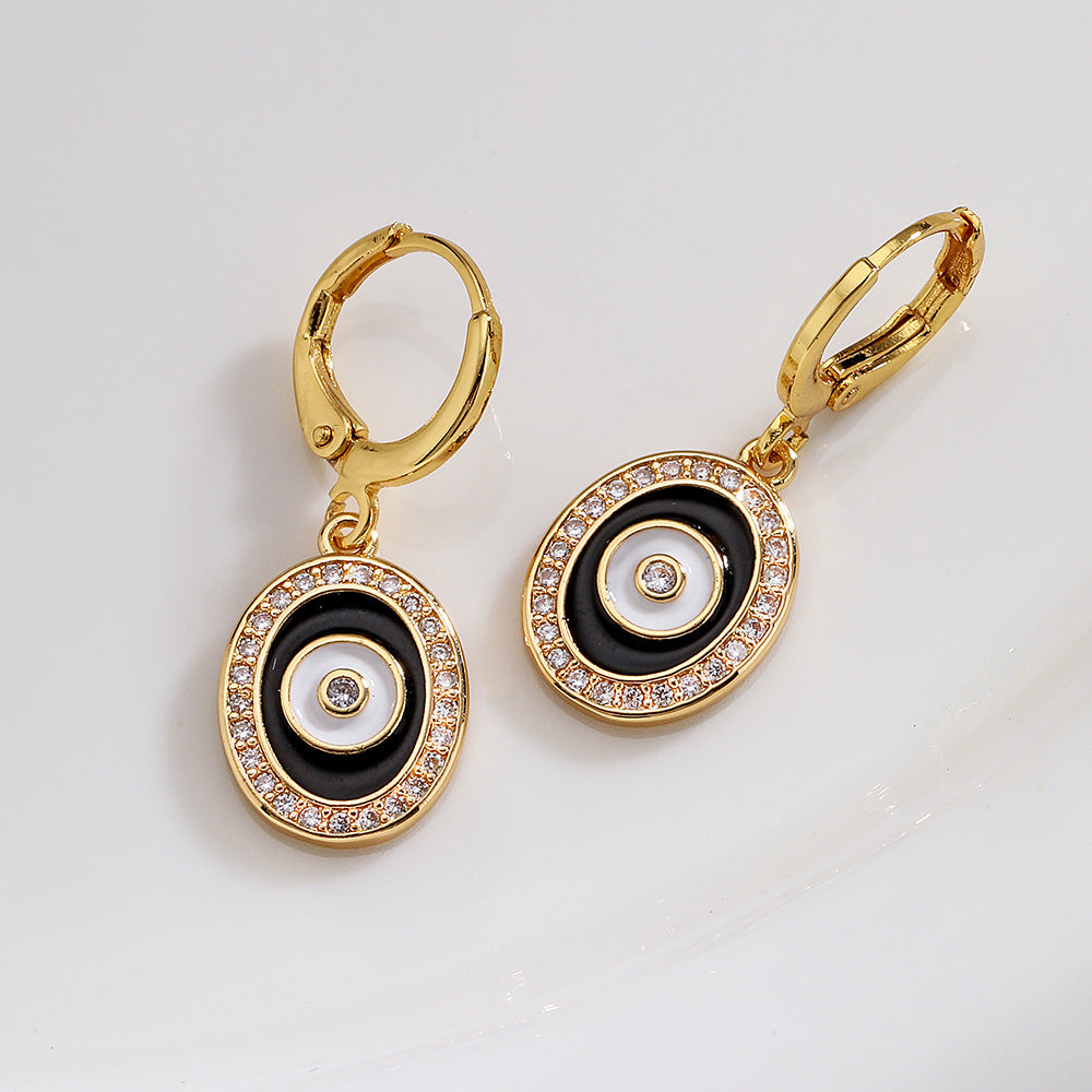 Fashionable Geometric Evil Eye Earrings for Women with Copper Base Plated in Real Gold and Zircon Inlay