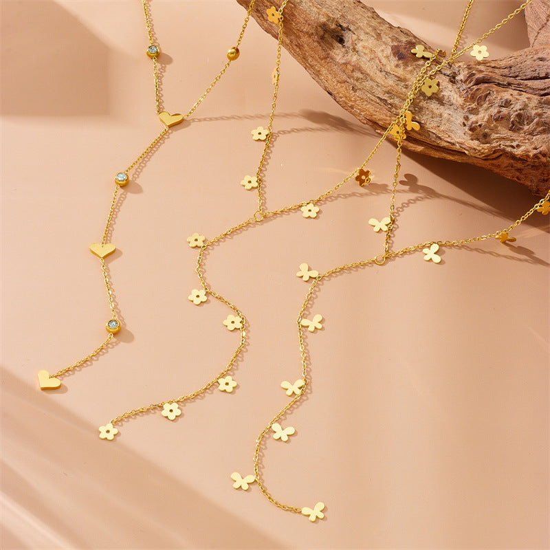 Minimalist Gold Plated Stainless Steel Heart Floral Butterfly Y-Chain Necklace for Women