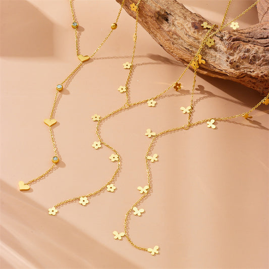 Minimalist Gold Plated Stainless Steel Heart Floral Butterfly Y-Chain Necklace for Women