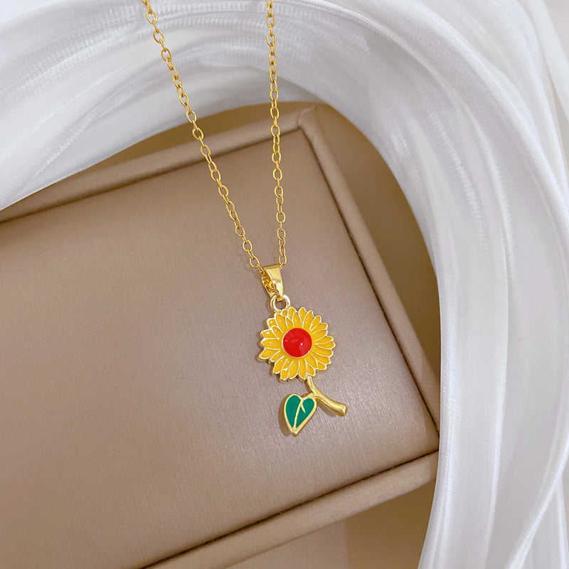 Sweet Elegant Drip Oil Floral Moon Rhinestone Pendant Necklace Titanium Steel Cable Chain for Unisex