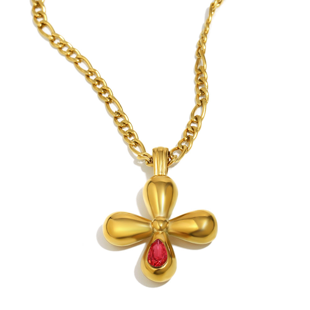 Luxury Vintage Cross Pendant Necklace for Women Stainless Steel with 18K Gold Plating and Red Zircon Inlay