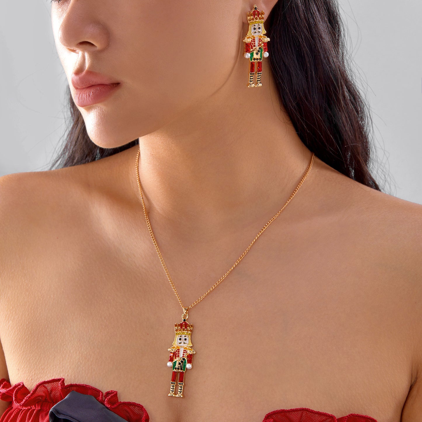 Pendientes con diseño de Soldado Cascanueces vintage para mujer en aleación con acabado esmaltado e incrustaciones de pedrería