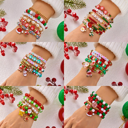 Handmade Christmas Style Beaded Bracelet Set with Alphabet Charms and Polymer Clay Beads in Alloy for Unisex Wear