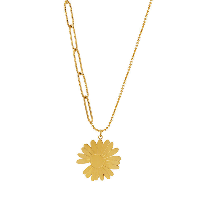 Collana Pendente Margheritina Minimalista in Acciaio al Titanio con Finitura Placcata su Catena a O per Donna e Uso Unisex