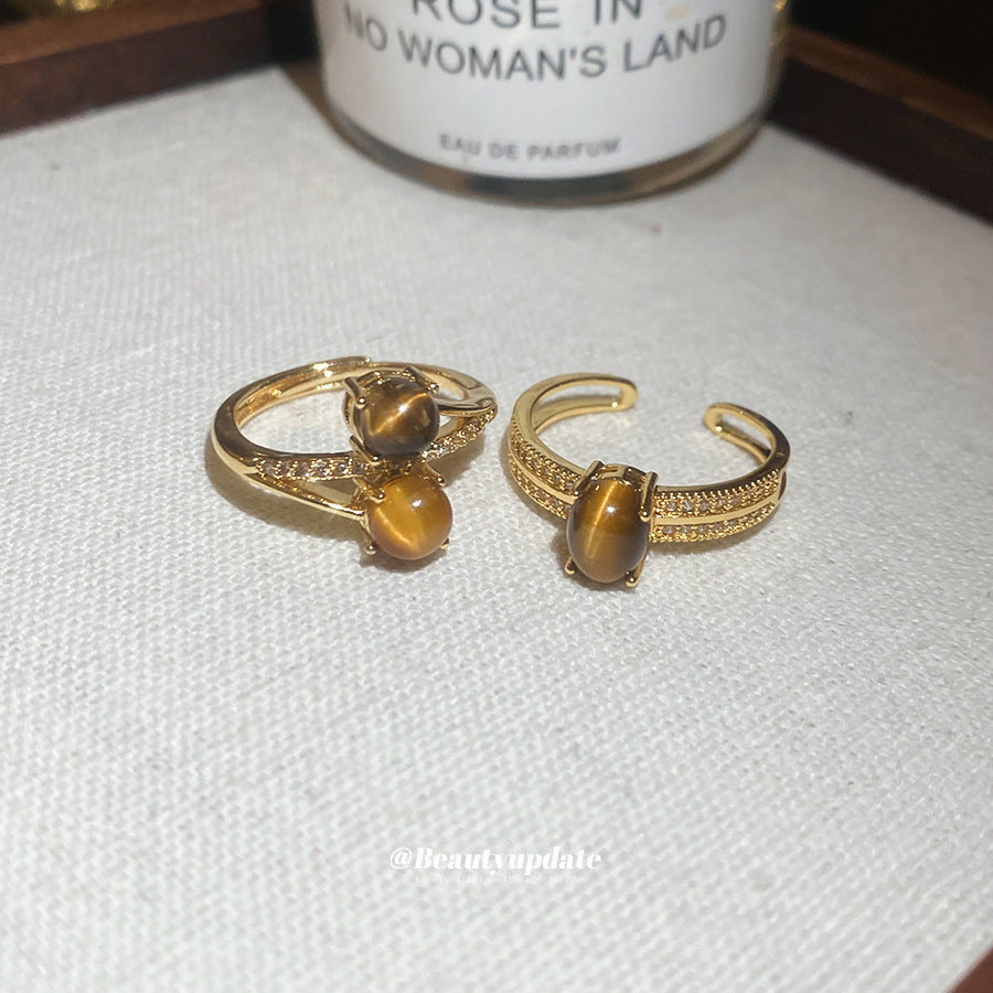 Anello da dito da donna in stile vintage con occhio di tigre geometrico ispirato alla melanina e intarsio in zircone