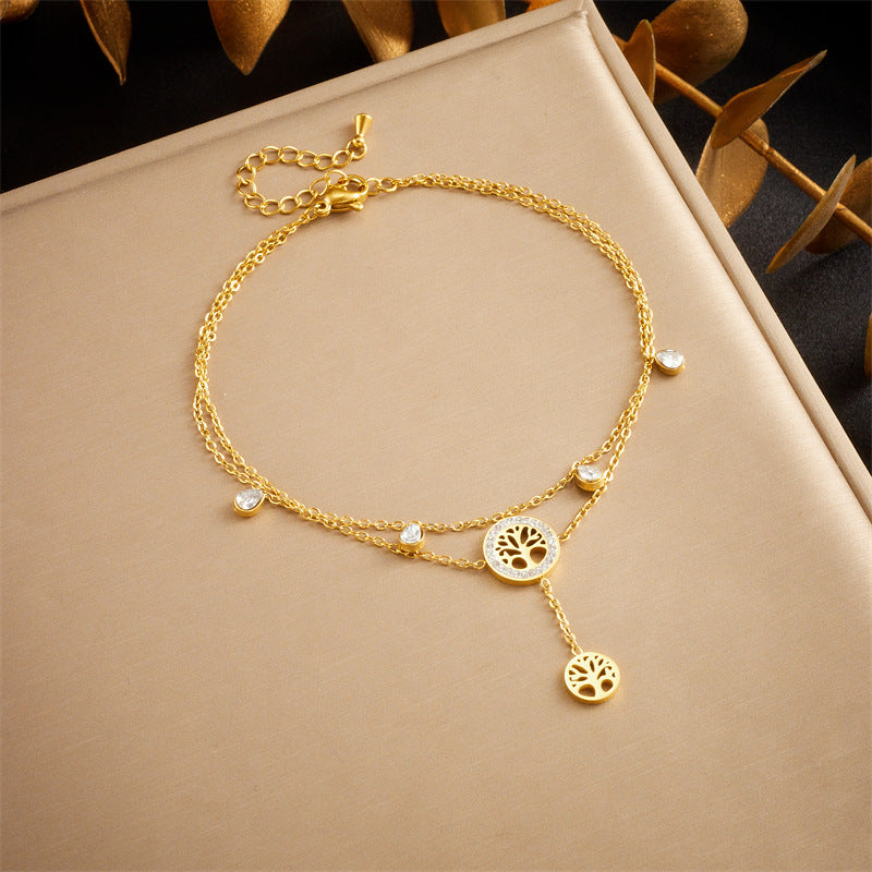 Minimalist Stainless Steel Star Anklet with Layered Chain and Tassel