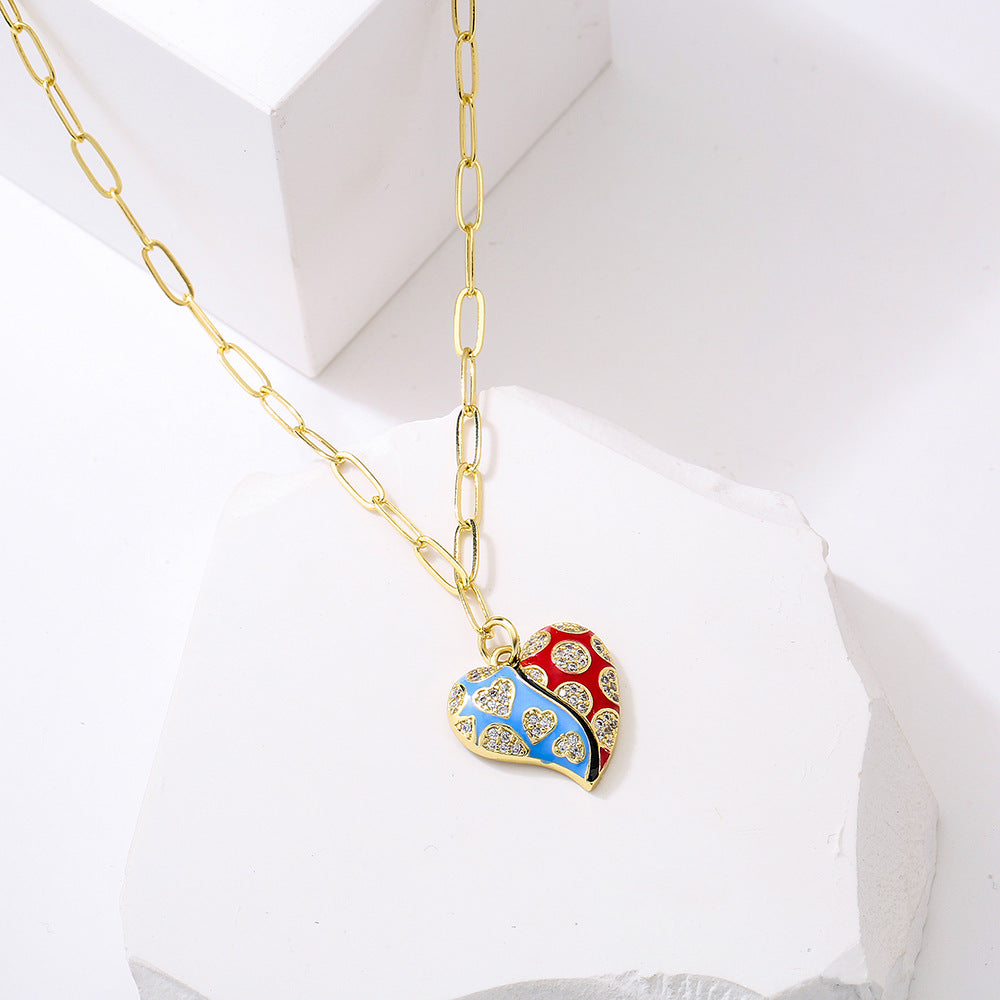 Retro Heart Pendant Necklace for Women with Copper Base Plated in 18K Gold and Enamel Finish, Set with Cubic Zirconia