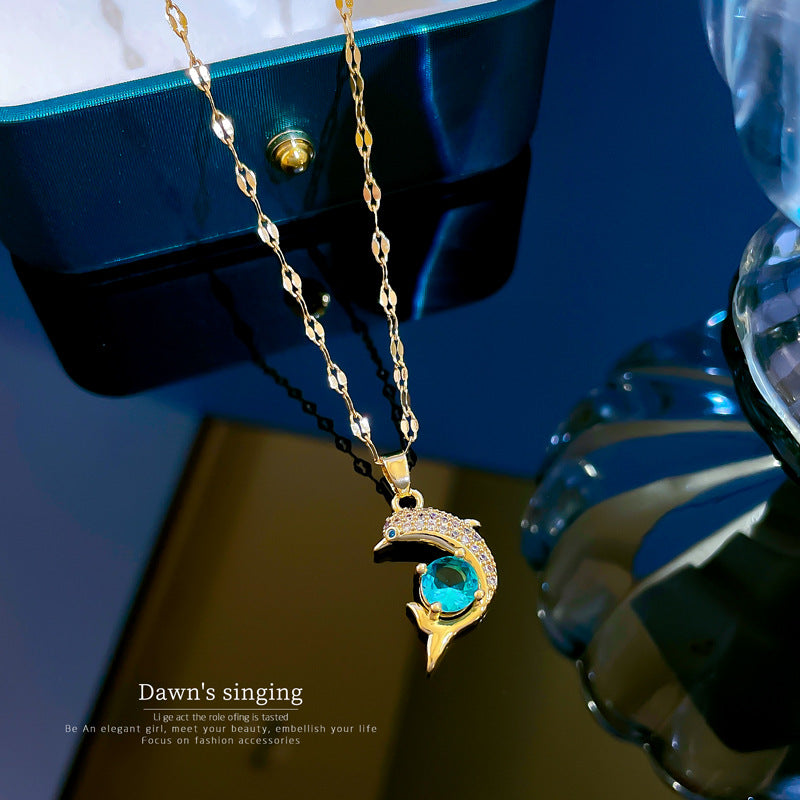 Vintage Minimalist Dolphin Pendant Necklace in Titanium Steel with Rhinestone Accents for Women