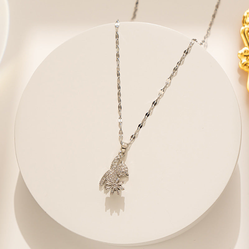 Cartoon Bear Pendant Necklace for Women in Titanium Steel with Micro-Pavé Rhinestones on O-Chain, Minimalist and Fresh Sweet Style