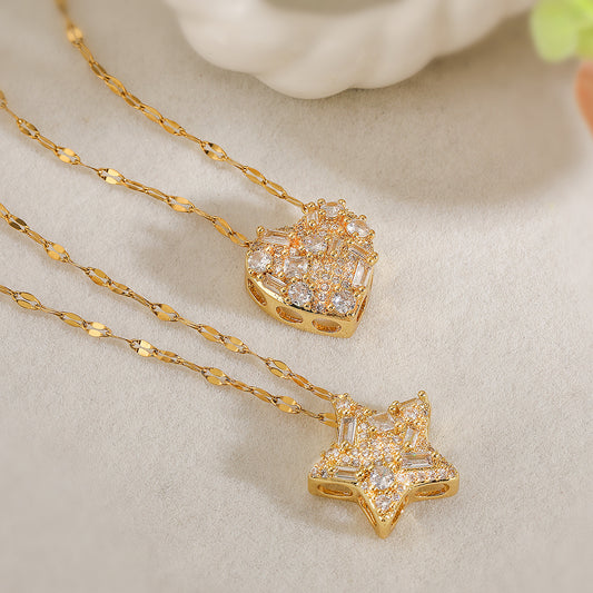 Minimalist Heart and Star Pendant Necklace for Women in Copper with Real Gold Plating, Geometric Shape Locket Chain