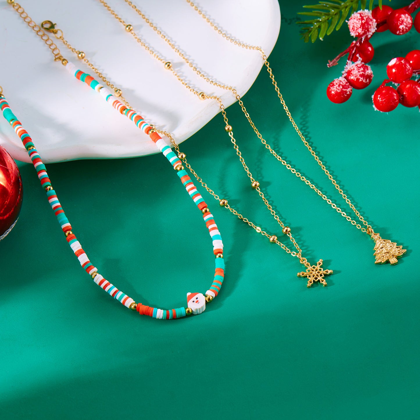 Handmade Crystal Beaded Multi-Layer Choker Necklace Set with Santa Claus and Snowflake Motifs in Geometric and Animal Shapes Alloy Metal with Enamel Finish for Women