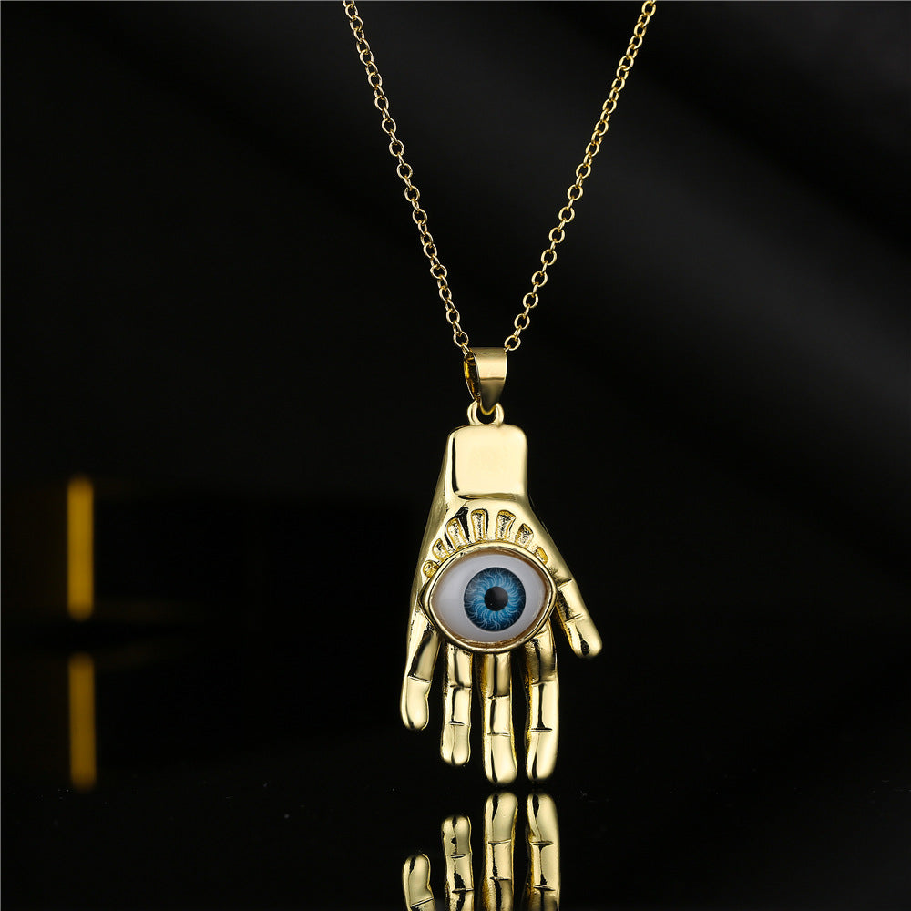 Punk Hip-hop Streetwear 18K Gold Plated Geometric Inlay Cubic Zirconia Eye Pendant Necklace with Cable Chain