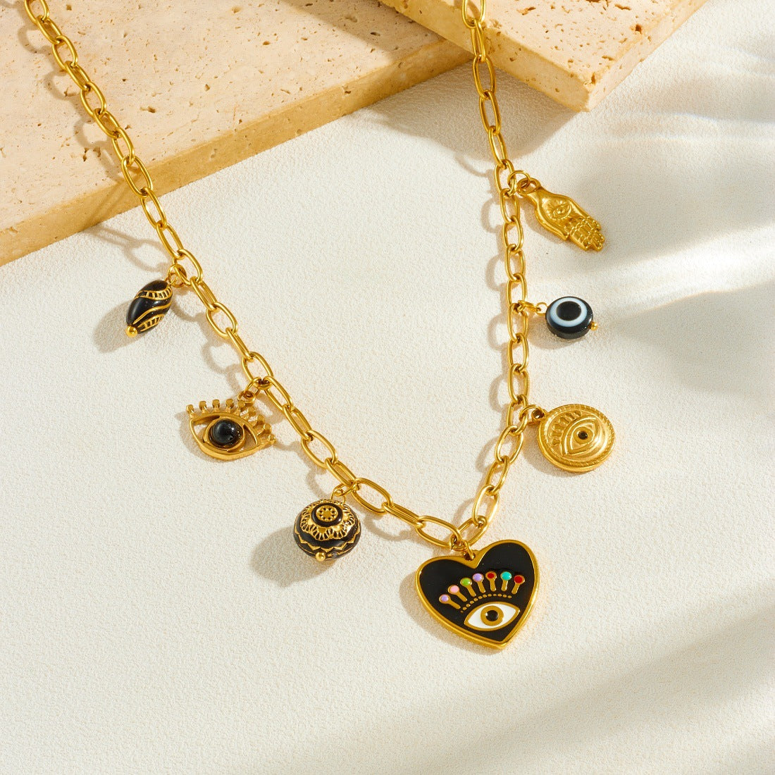 Gothic Drip Oil Plated Stainless Steel Heart and Round Eye Palm Pendant Jewelry Set with Curb Chain