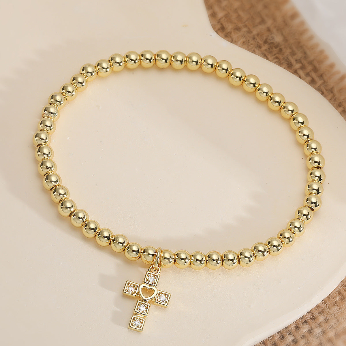 Minimalist 18K Gold Plated Brass Cross Pendant Ball Chain Bracelet with Cubic Zirconia for Women
