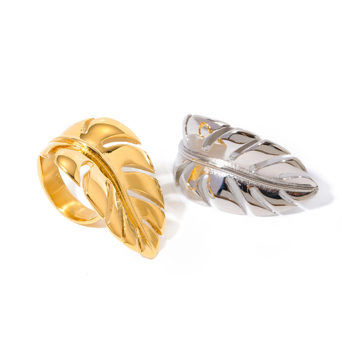 Anello aperto minimalista in acciaio inossidabile placcato oro 18 carati con foglia e piuma, gioielli di moda unisex
